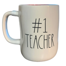 Load image into Gallery viewer, White mug with red inside that says ' #1 Teacher' on the front.
