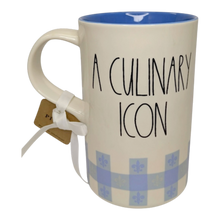 Load image into Gallery viewer, Tall mug with blue inside that says 'A Culinary Icon' with a blue plaid bottom design.

