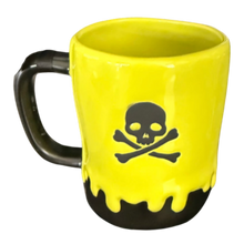 Load image into Gallery viewer, A green ceramic mug with a black handle and a black skull and crossbones graphic, featuring a dripping black effect at the base.
