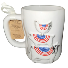 Load image into Gallery viewer, White ceramic mug with patriotic design of a chicken, pig and cow wearing American flags , on a white background.
