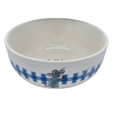 Load image into Gallery viewer, Ceramic bowl with cartoon character design on a white background with blue gingham design.
