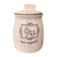 Load image into Gallery viewer, Ceramic jar with lid featuring a rat illustration and 'bon appetit' text on a white background
