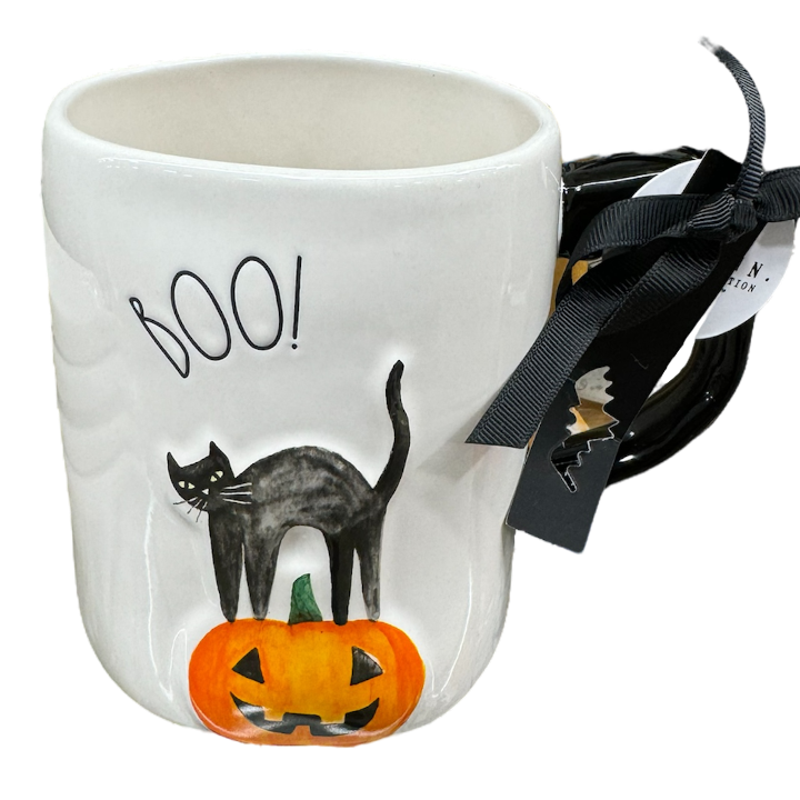 Store Rae Dunn 2017 OG Spooky Black Cat Mugs Orange Interior Halloween NEW Lot of 2