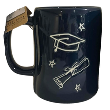 Load image into Gallery viewer, Navy blue mug with images of a graduation cap and diploma.

