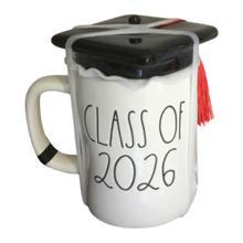 Load image into Gallery viewer, White mug that says 'Class of 2026' with a black lid that looks like a graduation cap.

