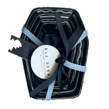 Load image into Gallery viewer, A set of nested black coffin shaped bowls with a glossy finish, tied with a black ribbon, featuring a round white paper tag

