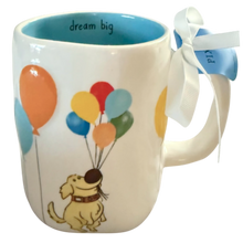 Load image into Gallery viewer, White mug with the dog from Up and balloons that has a blue inside that says 'Dream Big' on the inside.
