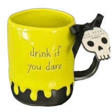 Load image into Gallery viewer, A green and black ceramic mug with a dripping paint design at the base, featuring the text 'drink if you dare' on the front. It has a black handle and a hanging tag.
