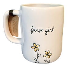 Load image into Gallery viewer, white mug front that says 'farm girl' with yellow flowers.
