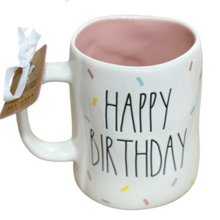 Load image into Gallery viewer, White mug with 'Happy Birthday' text and colorful dots on a white background
