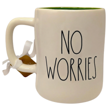 Load image into Gallery viewer, White mug with green inside that says ' No Worries' on the front.
