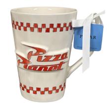 Load image into Gallery viewer, Mug with 'Pizza Planet' branding and checkered pattern on a white background
