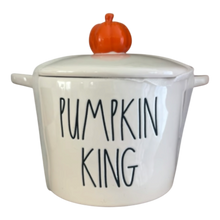 Load image into Gallery viewer, A white ceramic lidded container with side handles, featuring the words 'PUMPKIN KING' in black lettering and topped with a small orange pumpkin knob, shown on a plain white background.
