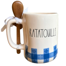 Load image into Gallery viewer, Mug with 'Ratatouille' text and wooden spoon on a white background with a blue gingham print bottom.
