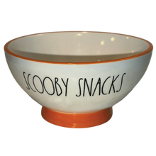 Load image into Gallery viewer, A white ceramic bowl with an orange rim and base, featuring the text 'SCOOPY SNACKS' in black script on the front, isolated on a white background.
