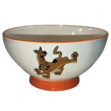 Load image into Gallery viewer, A white ceramic bowl featuring an orange rim and base, with a printed cartoon illustration of Scooby-Doo on the side.
