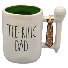 Load image into Gallery viewer, White mug with 'TEE-RIFIC DAD' text, golf ball handle, green interior, and tie design tag  on a white background
