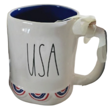 Load image into Gallery viewer, White mug with 'USA' text and American flag design on a white background
