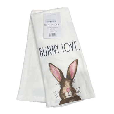 Rae Dunn BUNNY LOVE Kitchen Towels Lot of 2 - 16x26 inches - New!