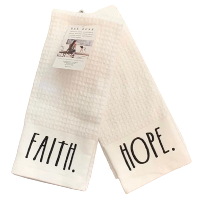 Rae Dunn Embroidered Kitchen Towels Faith & Blessed Set of 2 White NWT