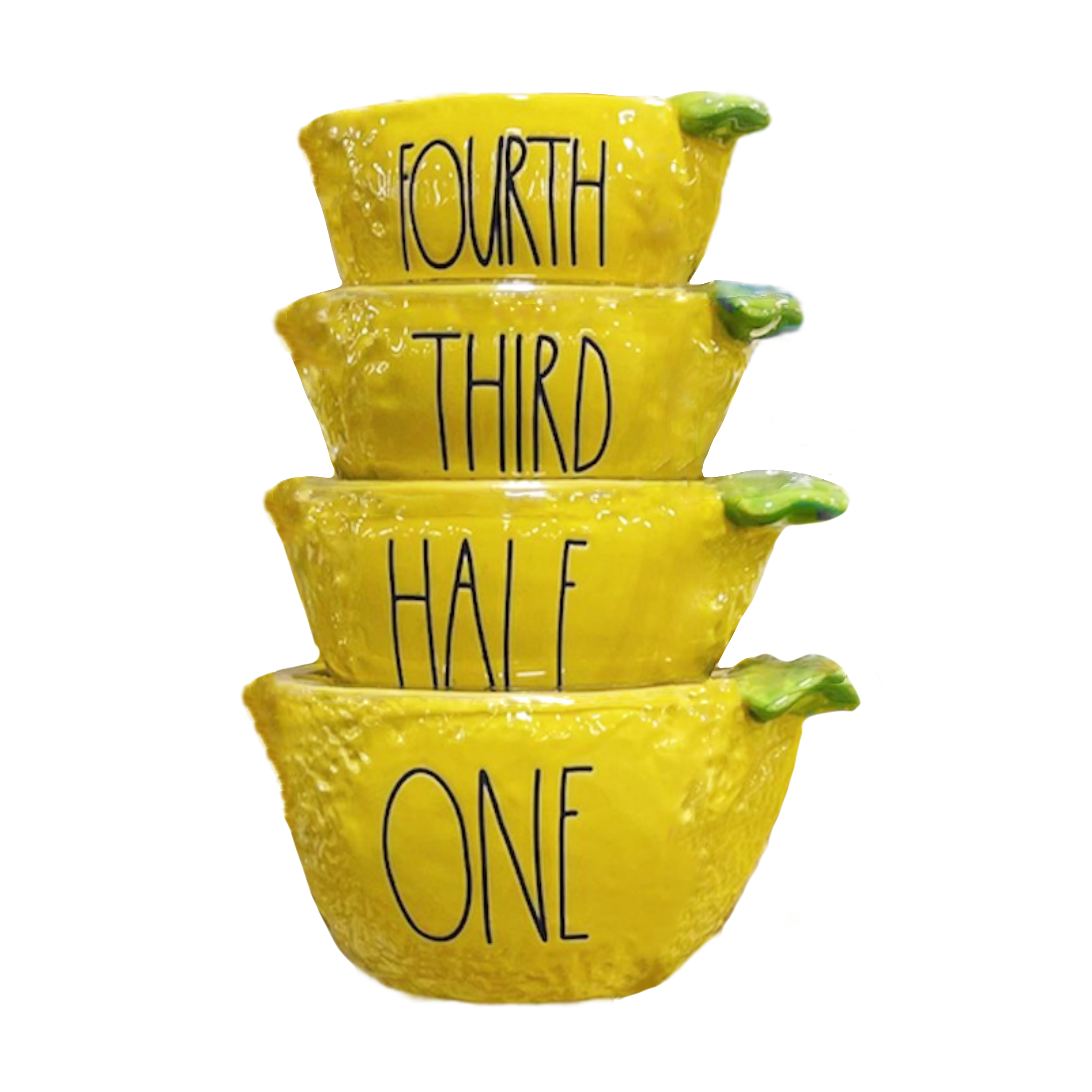 Rae Dunn Yellow Speckled Ceramic Measuring Cups Black Lettering 4-piece set  includes 1 each of One Half Third Quarter Cup Kitchen