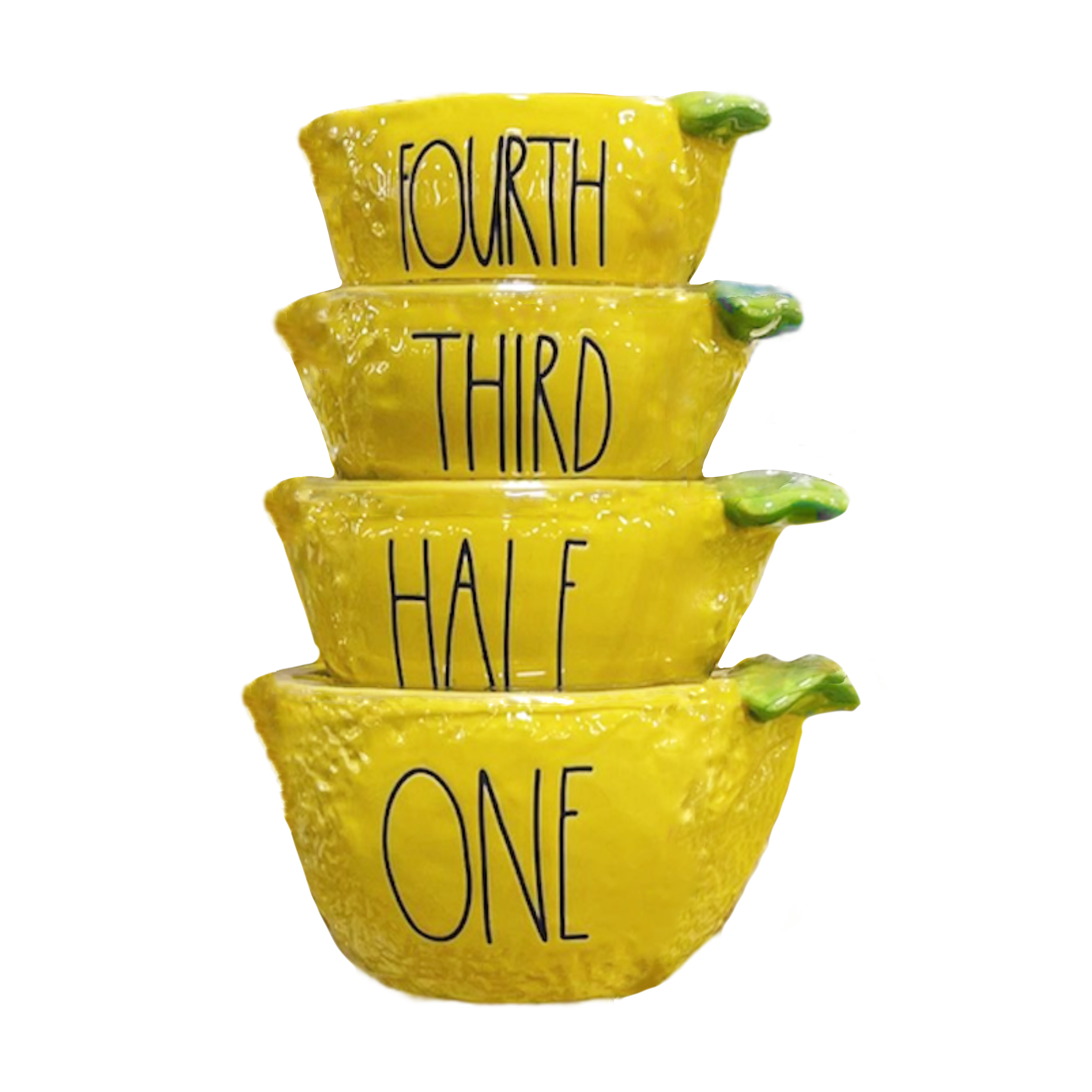 Rae Dunn Yellow Speckled Ceramic Measuring Cups Black Lettering 4-piece set  includes 1 each of One Half Third Quarter Cup Kitchen 